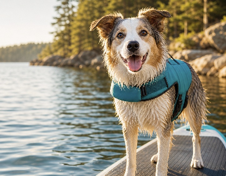 Dog wearing a life vest near a lake paddle board