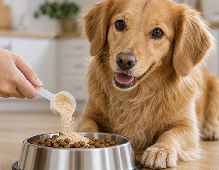 Dog near a food bowl and supplement scoop